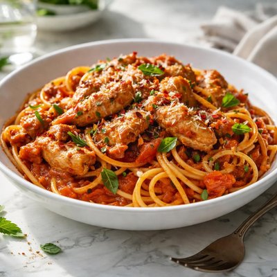 Image of Chicken Spaghetti with a Tomato Sauce Base