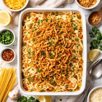 Image of Chicken Spaghetti with French Fried Onion Topping