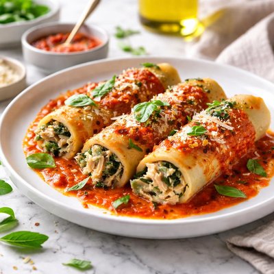 Image of Chicken Spinach Cannelloni with Red Bell Pepper Sauce