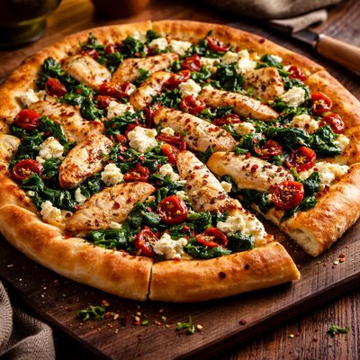Image of Chicken Spinach Sun Dried Tomato and Feta Pizza