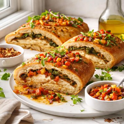 Image of Chicken Stuffed Focaccia with Roasted Pepper Vinaigrette
