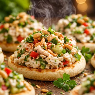 Image of Chicken Tahini Salad with Pine Nuts on Mini Pita Rounds