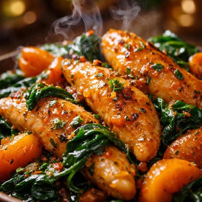 Image of Chicken Tenders with Apricots and Sauteed Spinach