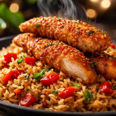Image of Chicken Tenders with Spicy Rice and Red Peppers