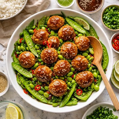Image of Chicken Teriyaki Meatballs with Edamame and Snow Peas