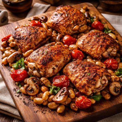 Image of Chicken Thighs with Beans Mushrooms and Tomatoes