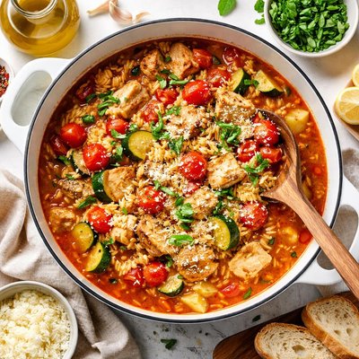 Image of Chicken Tomato Zucchini and Orzo Stew