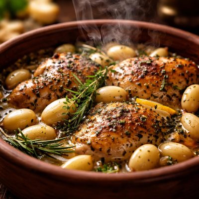 Image of Chicken with 40 Cloves of Garlic in a Clay Pot