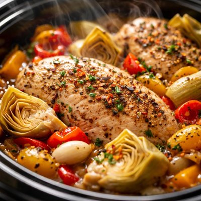 Image of Chicken with Garlic Peppers Artichokes Crock Pot