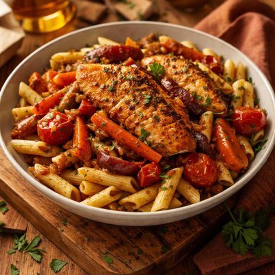 Image of Chicken with Honeyed Vegetables Over Penne