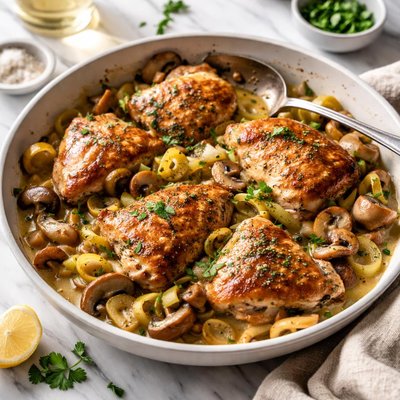 Image of Chicken with Leeks Mushrooms and Wine