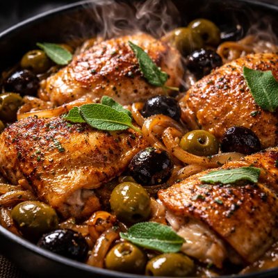 Image of Chicken with Olives Caramelized Onions and Sage