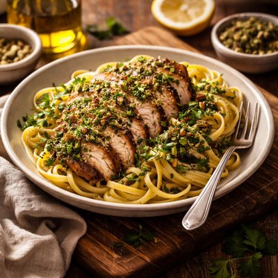 Image of Chicken with Parsley and Pistachio Pesto Over Pasta