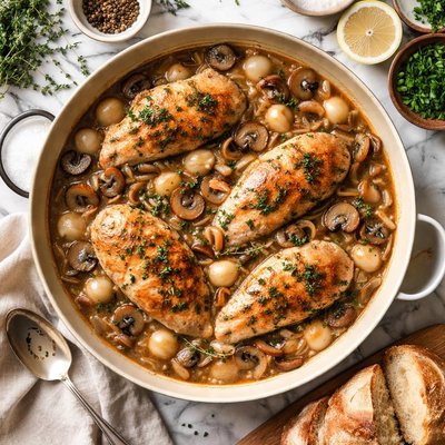 Image of Chicken with Pearl Onion and Cremini Mushroom Sauce