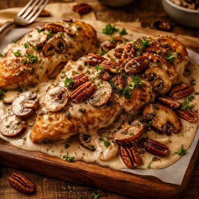 Image of Chicken with Pecan Cream and Mushrooms