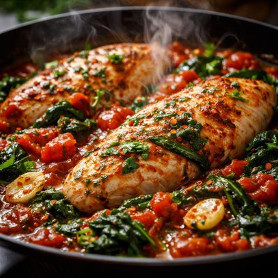 Image of Chicken with Spinach Garlic and Tomato Sauce