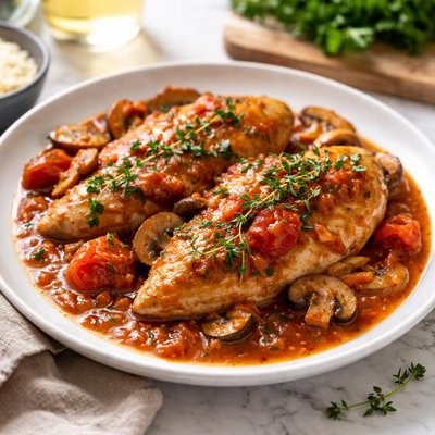 Image of Chicken with Tomato Cognac Wine Sauce and Mushrooms