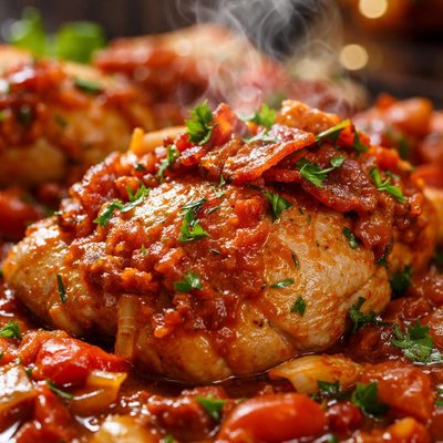 Image of Chicken with Tomato Sauce and Bacon Pollo Alla Campagna