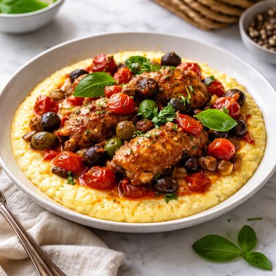 Image of Chicken with Tomatoes Olives Over Polenta