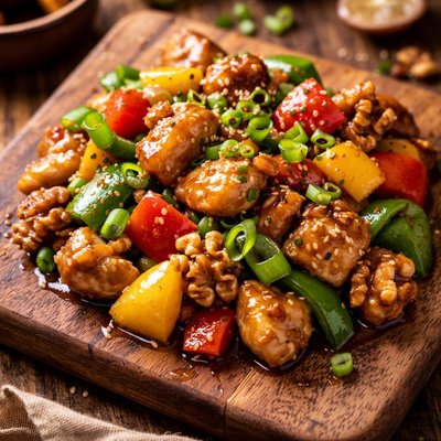 Image of Chicken with Walnuts Bell Peppers Capsicum and Green Onions