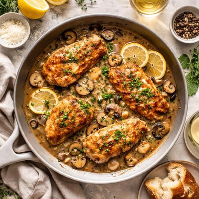 Image of Chicken with White Wine and Mushroom Reduction