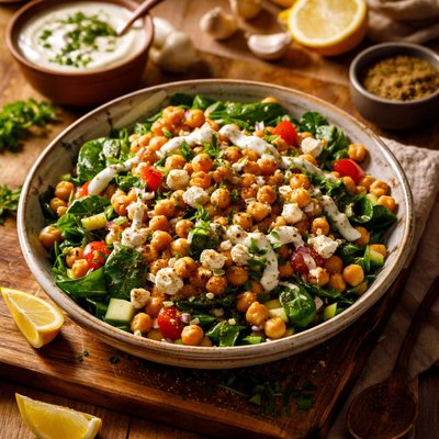 Image of Chickpea and Spinach Salad with Cumin Dressing and Yogurt Sauce
