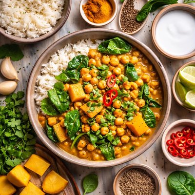 Image of Chickpea Curry with Pumpkin Squash Baby Spinach