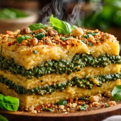 Image of Chickpea Polenta Lasagna with Spinach Walnut Pesto