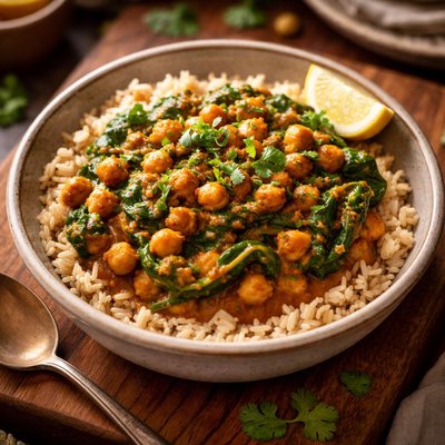 Image of Chickpea Spinach Curry Over Brown Rice