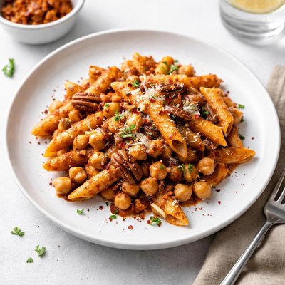 Image of Chickpeas and Penne with Pecan Red Pepper Pesto