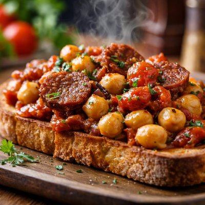 Image of Chickpeas with Chorizo and Tomatoes on Toast