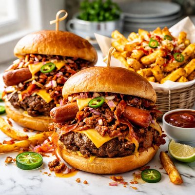 Image of Chili Dog Bacon Cheeseburgers and Fiery Fries
