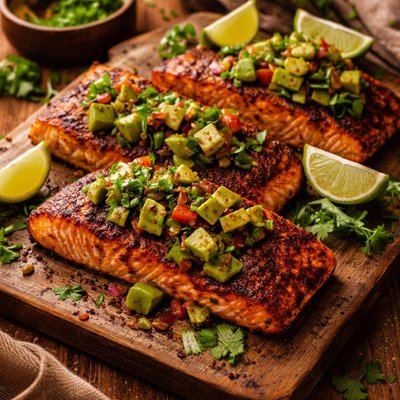 Image of Chili Rubbed Salmon with Cilantro Avocado Salsa