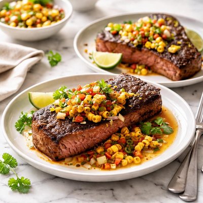 Image of Chili Rubbed Strip Steaks with Corn Relish