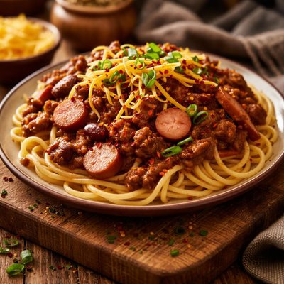 Image of Chili Spaghetti with Hot Dogs