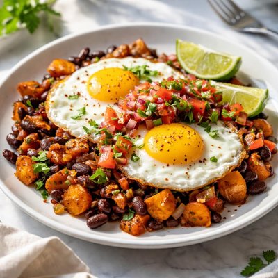 Image of Chili Sweet Potato Hash with Fried Eggs and Fresh Tomato Salsa