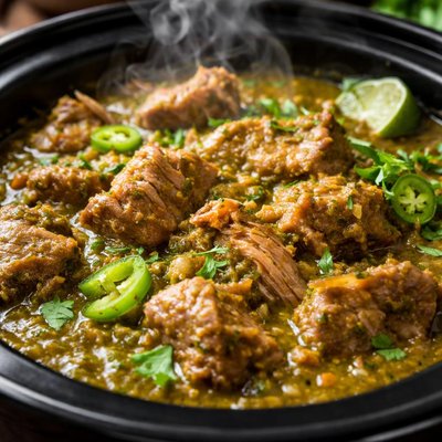 Image of Chili Verde Pork in a Crock Pot