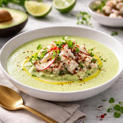 Image of Chilled Avocado Soup Topped with Crab