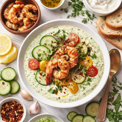 Image of Chilled Cucumber Yoghurt Soup with Prawns