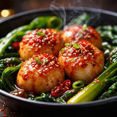 Image of Chilli Jam Scallops with Asian Greens