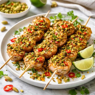 Image of Chilli King Prawns Shrimp Skewers with Pistachio Coriander Rub