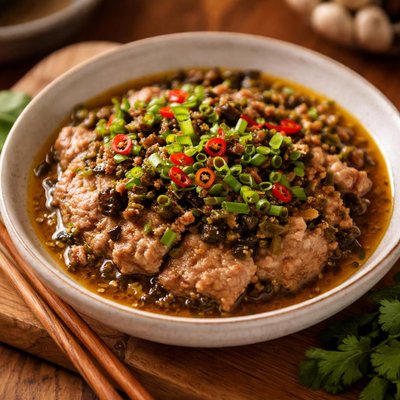 Image of Cerdo al vapor estilo chino sin lácteos con verduras en conserva.