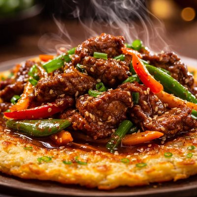 Image of Chinese Beef Stir Fry Over Golden Pancake