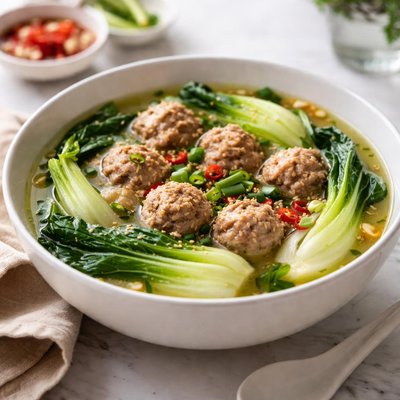 Image of Chinese Cabbage Bok Choy and Pork Meatball Soup
