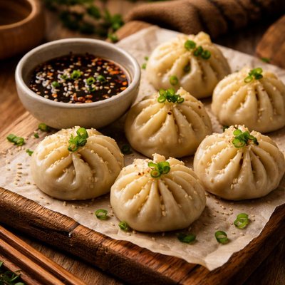 Image of Chinese Steamed Dumplings with Dipping Sauce