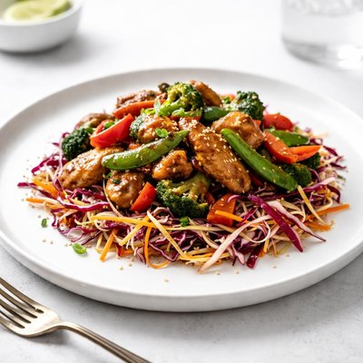 Image of Chinese Stir Fry Over Crunchy Slaw