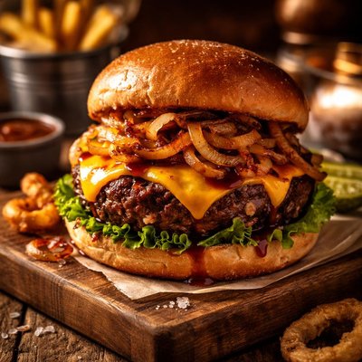 Image of Chipotle Burger Topped with Grilled Onions and Cheese