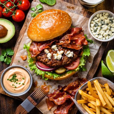 Image of Chipotle Honey Bbq Bacon Burger with Gorgonzola Cheese