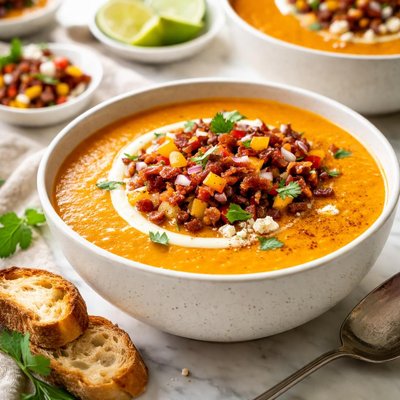 Image of Chipotle Sweet Potato Soup with Bell Pepper Bacon Salsa