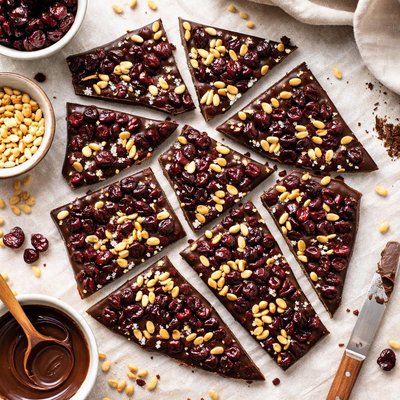 Image of Chocolate Bark Filled with Pine Nuts and Dried Cherries
